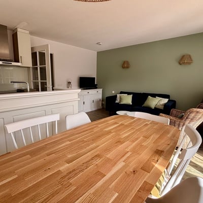 Le salon avec coin repas et coin canapé et TV